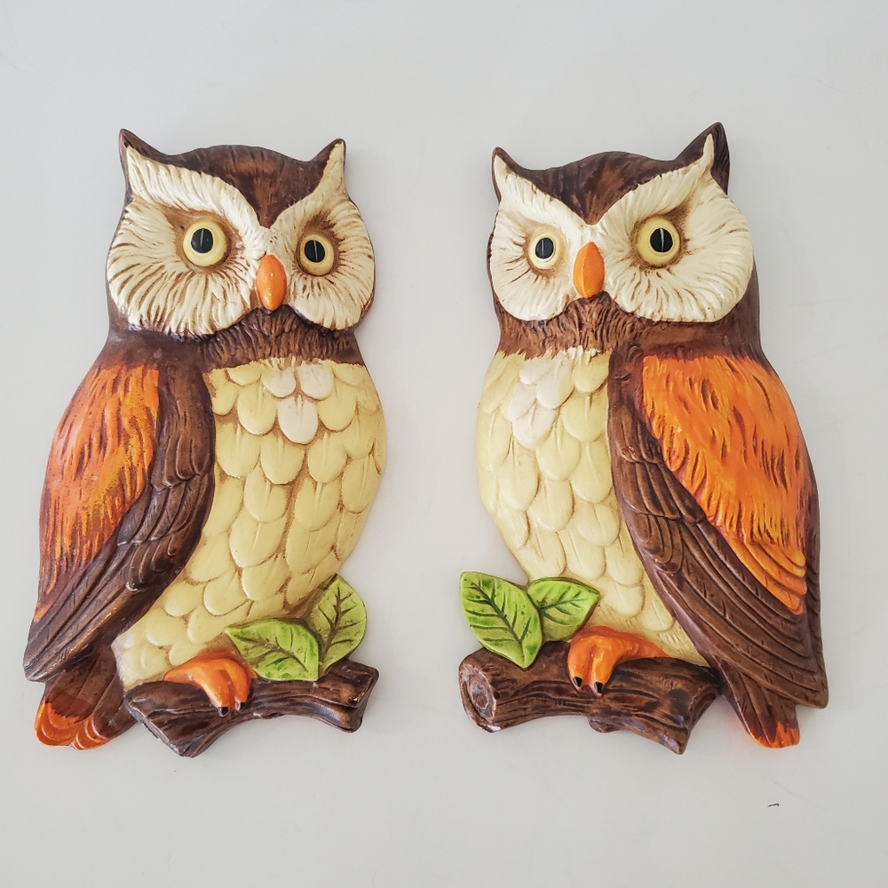 VTG LEFTON Set Of 2 Ceramic Owl Wall Plaques Red Label Japan MCM Colors Gorgeous